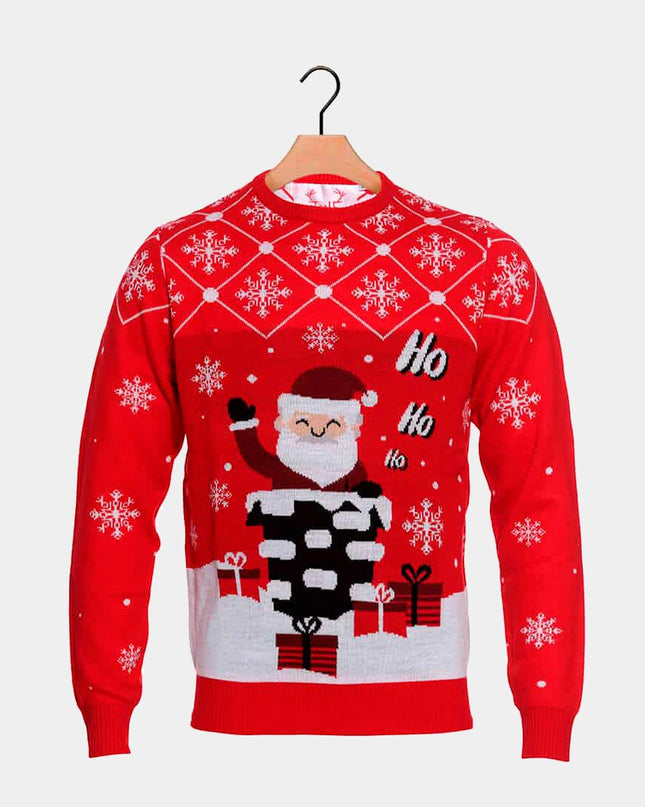 Christmas Sweater for Couples Featuring Santa Coming Down the Chimney