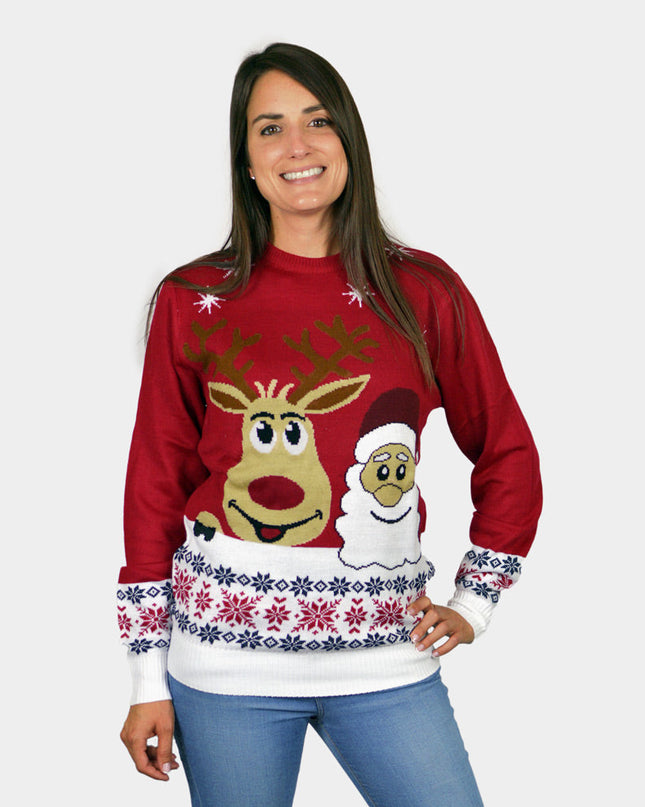 Smiling Santa and Reindeer Couples Christmas Sweater