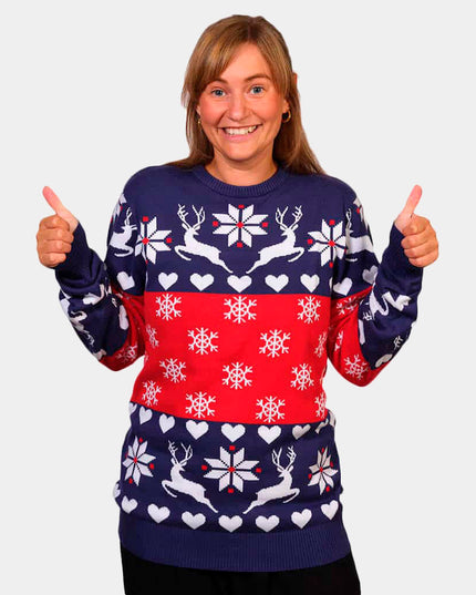 Weihnachtspullover für Paare in Blau und Rot mit Rentieren und Herzen