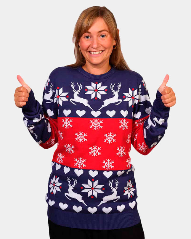 Blue and Red Couples Christmas Sweater with Reindeer and Hearts