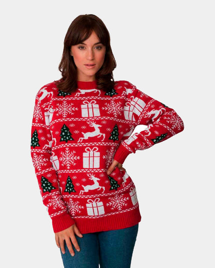 Christmas Sweater for Couples with Reindeer, Trees, and Christmas Gifts