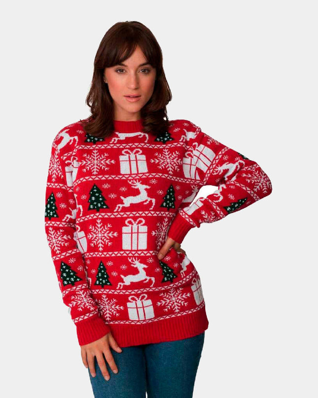 Christmas Sweater for Couples with Reindeer, Trees, and Christmas Gifts
