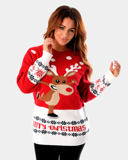 Roter Weihnachtspullover für Herren mit Schlittschuh laufenden Rentieren