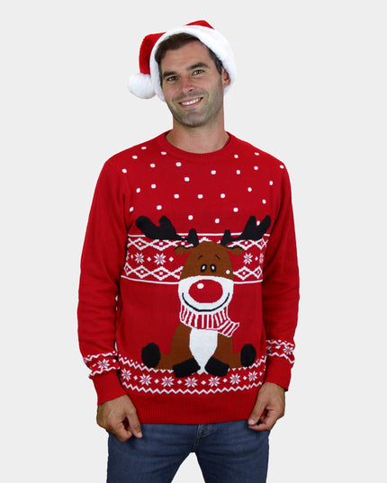Red Couples Christmas Sweater - Rudolph Scarf Design