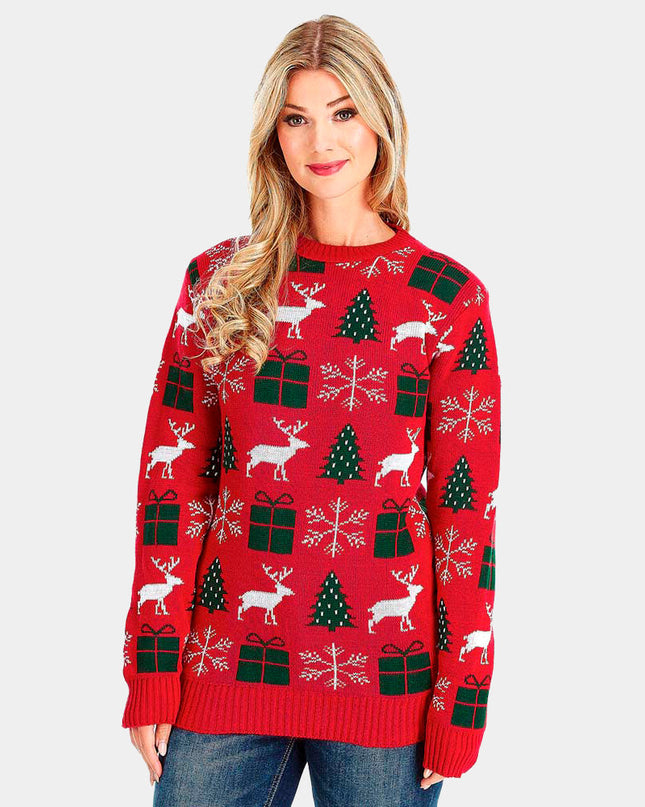 Christmas Sweater for Couples Red with Reindeer, Gifts, and Trees