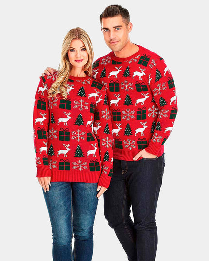 Christmas Sweater for Couples Red with Reindeer, Gifts, and Trees