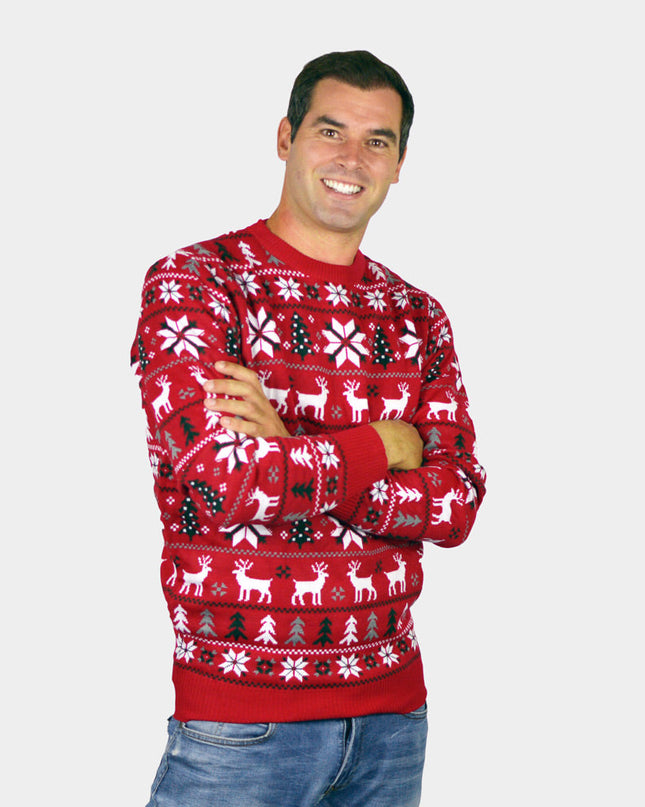 Red Couples Christmas Sweater with Reindeer, Trees, and Polar Stars