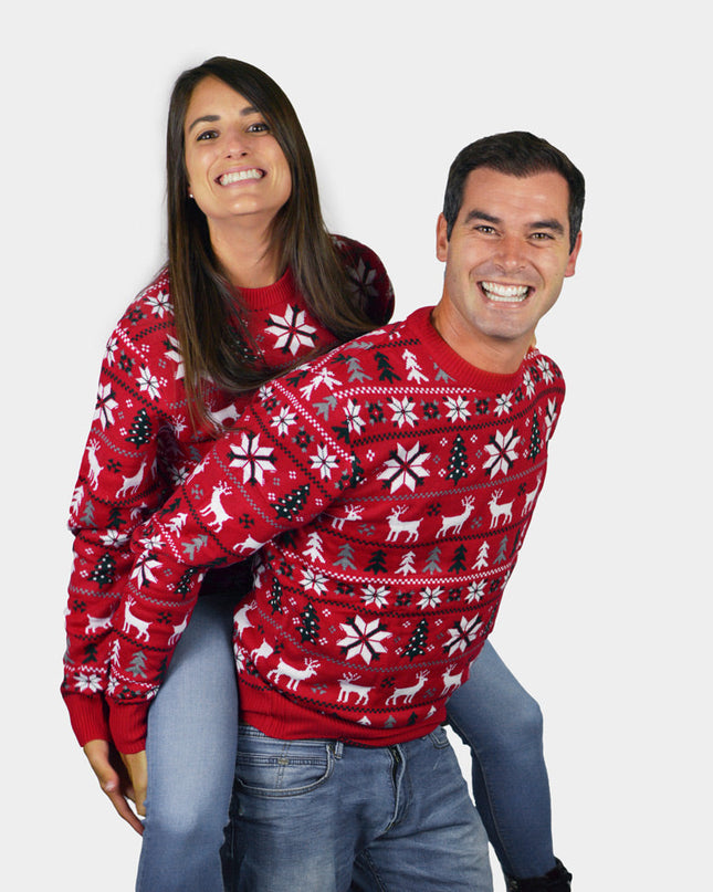 Red Couples Christmas Sweater with Reindeer, Trees, and Polar Stars