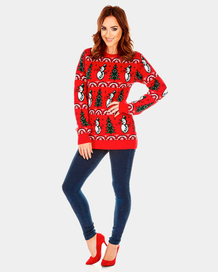 Roter Weihnachtspullover für Paare mit Bäumen und Schneemännern