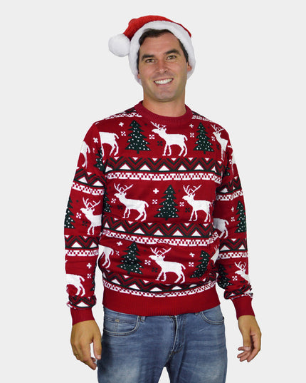 Red Couples Christmas Sweater with Trees and Reindeer