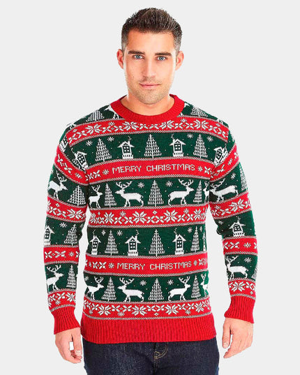 Roter und grüner Pullover mit der Aufschrift „Frohe Weihnachten“