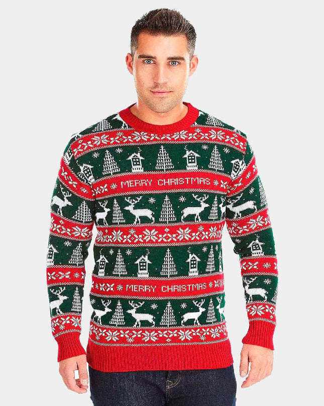 Roter und grüner Pullover mit der Aufschrift „Frohe Weihnachten“