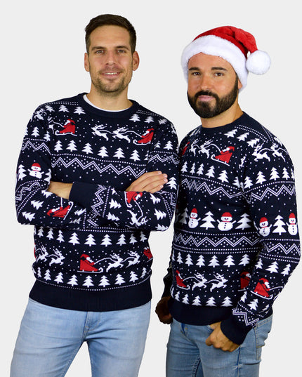 Blue Couple Christmas Sweater with Trees, Snowmen, and Santa in Organic Cotton