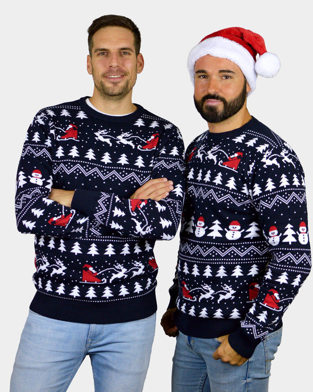 Blue Couple Christmas Sweater with Trees, Snowmen, and Santa in Organic Cotton