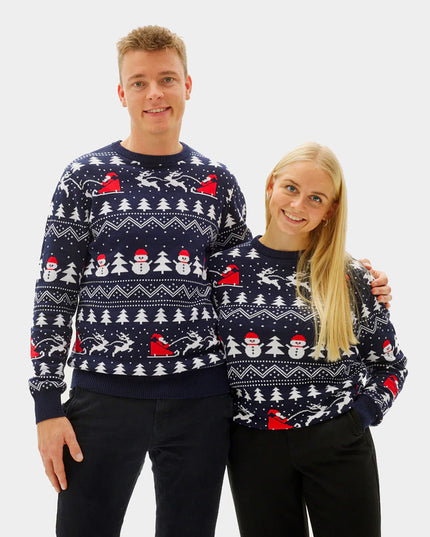 Blauer Damen-Weihnachtspullover mit Tannenbäumen, Schneemännern und Weihnachtsmann