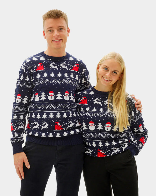 Blue Christmas Sweater for Women with Trees, Snowmen, and Santa in Organic Cotton