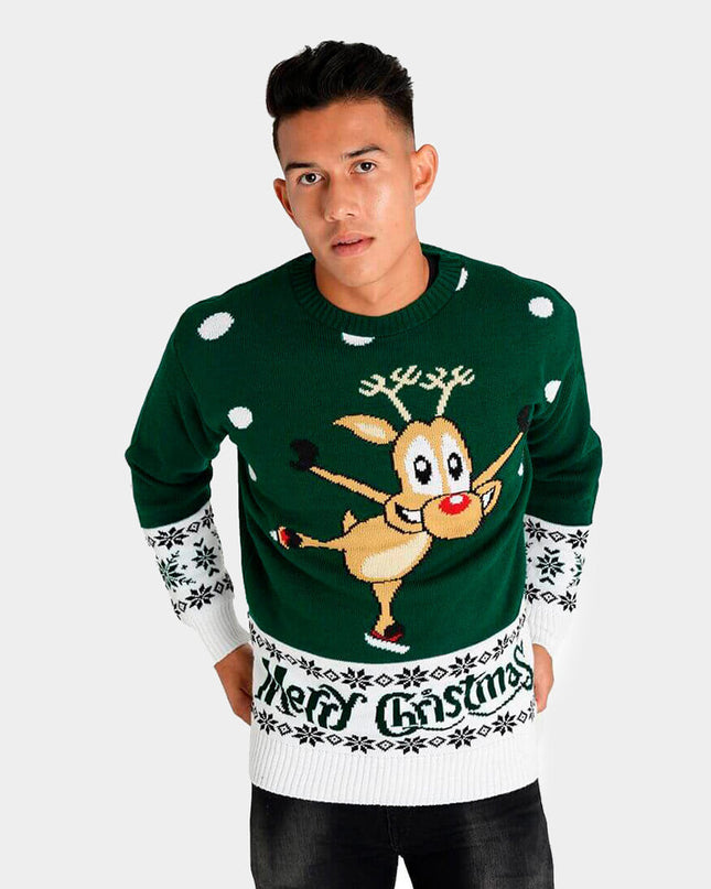 Green Christmas Sweater for Couples with Skating Reindeer