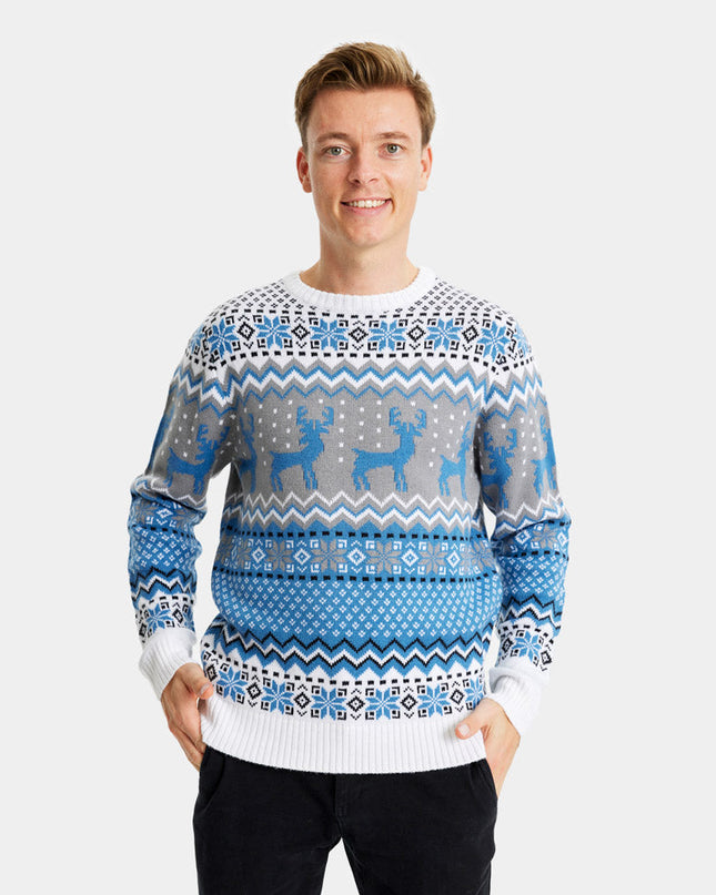 Chic White, Gray, and Blue Christmas Sweater with Reindeer