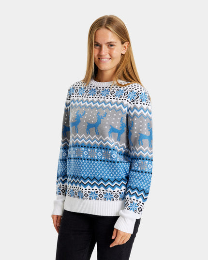 Women's Chic White, Grey, and Blue Christmas Sweater with Reindeer