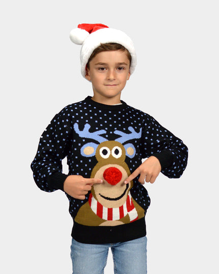 Kids Christmas Sweater Blue Reindeer with 3D Red Nose