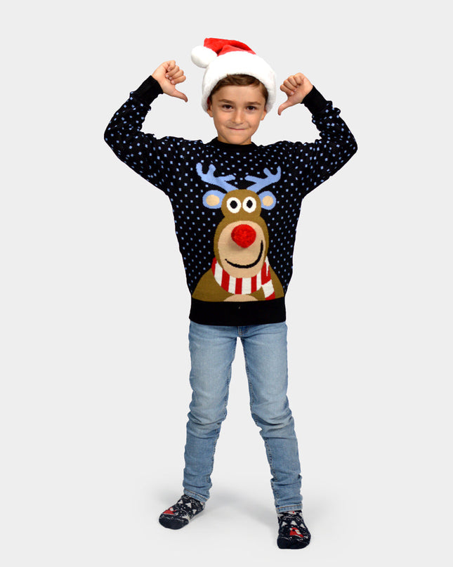 Kids Christmas Sweater Blue Reindeer with 3D Red Nose
