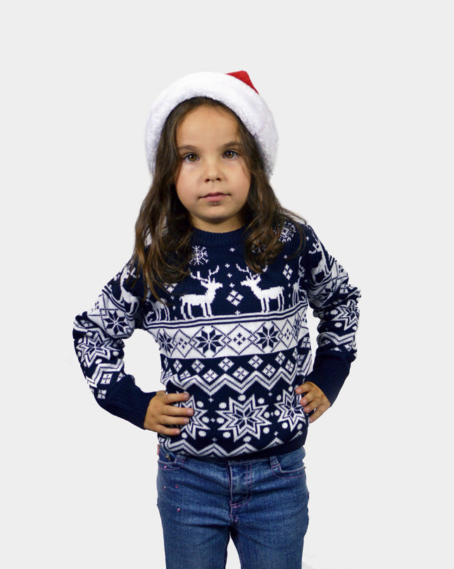 Kids Christmas Sweater Blue with Reindeer and Nordic Stars
