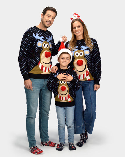 Blue Christmas Sweater for Kids with 3D Red-Nosed Reindeer