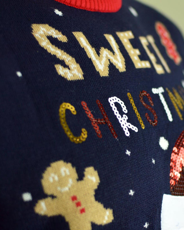 Kids Christmas Sweater Blue with Light-Up Gingerbread