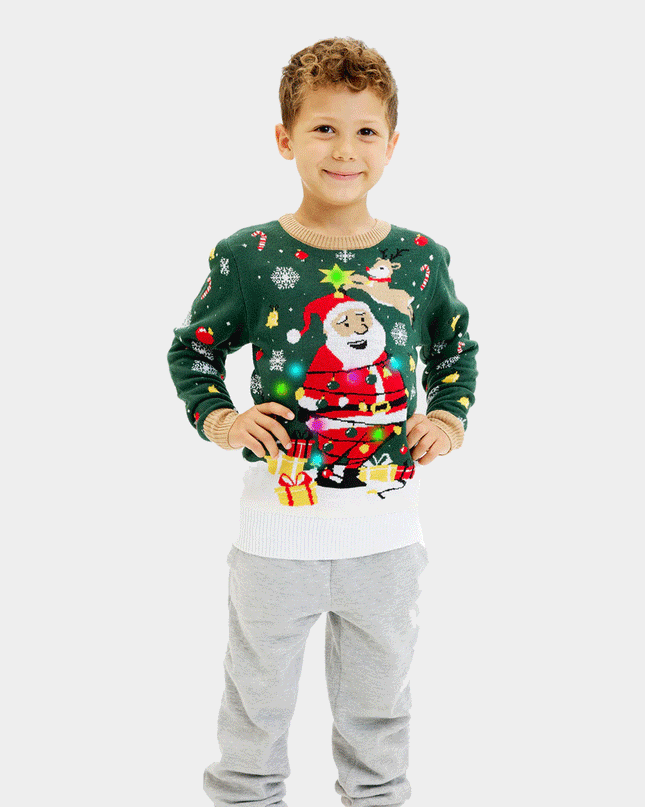 LED Light-Up Christmas Sweater for Kids with Tied Santa
