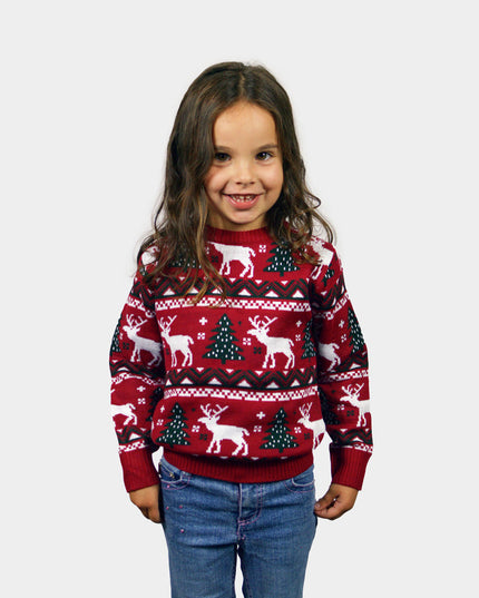 Kids Christmas Sweater Red with Christmas Trees and Reindeer
