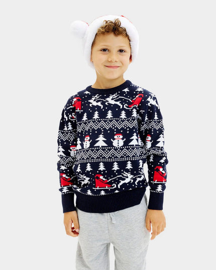 Kids Organic Cotton Sweater Blue with Trees and Santa