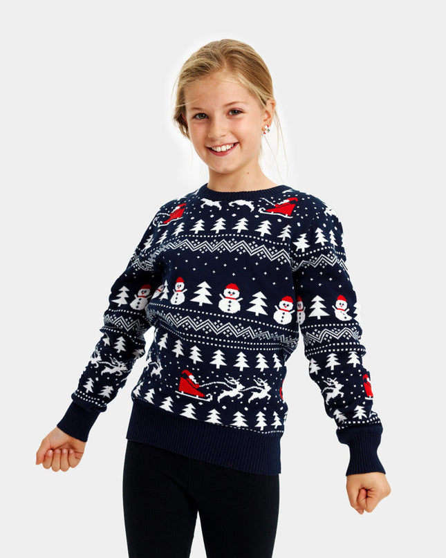 Kids Christmas Sweater Blue with Trees and Santa