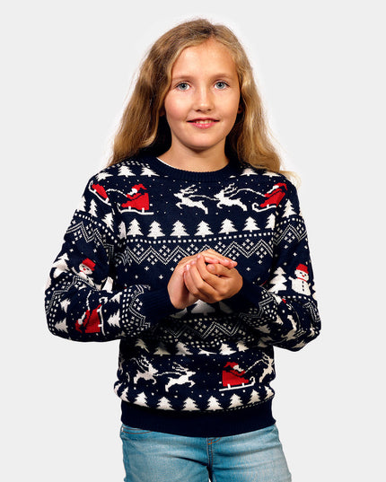 Kids Christmas Sweater Blue with Trees, Snowmen, and Santa