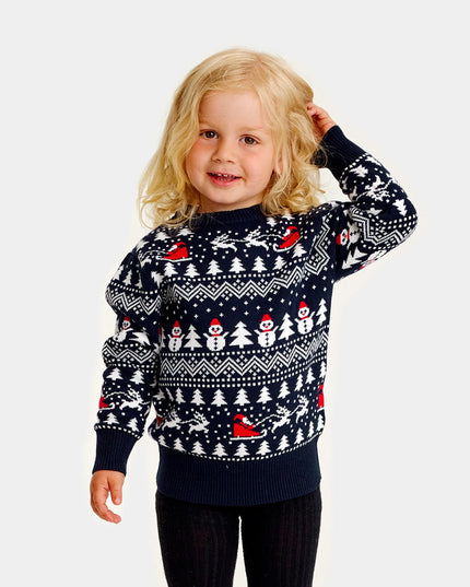 Blauer Kinderweihnachtspullover mit Bäumen, Schneemännern und Weihnachtsmann