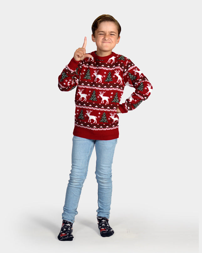 Red Christmas Sweater for Kids with Trees and Reindeer