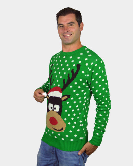 Kids Christmas Sweater Green Reindeer with 3D Santa Hat