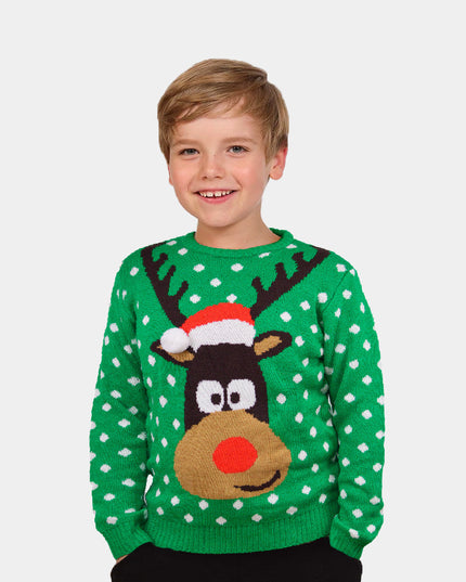 Kids Christmas Sweater Green with 3D Santa Hat