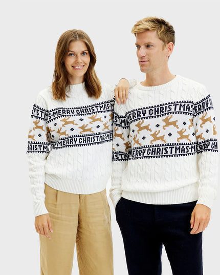 Chic White Family Christmas Sweater with Reindeer in Cotton