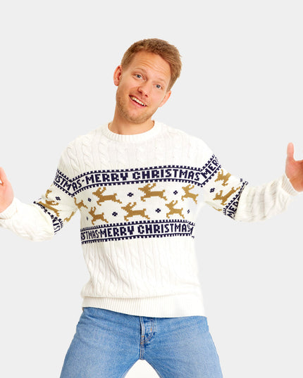 Chic White Family Christmas Sweater with Reindeer in Cotton
