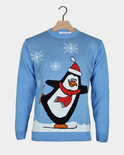 Hellblauer Weihnachtspullover mit Pinguin | Outlet-Verkauf