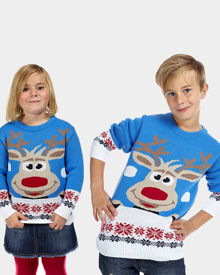 Sky Blue Christmas Sweater for Family with Reindeer and Snow