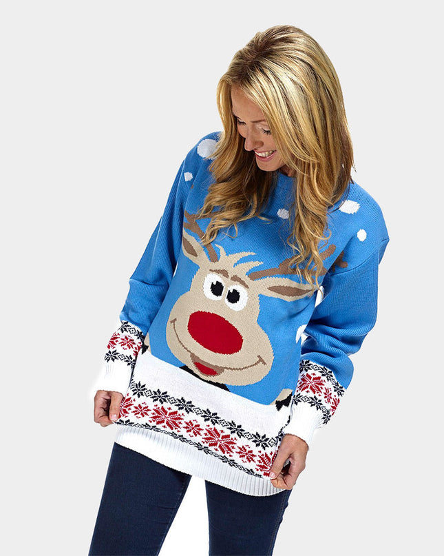 Sky Blue Christmas Sweater for Family with Reindeer and Snow