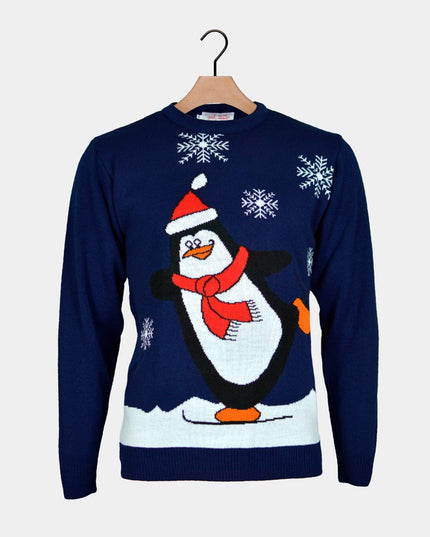 Marineblauer Weihnachtspullover für Herren mit Pinguinmotiv