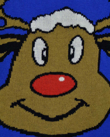 Blauer Weihnachtspullover mit lächelndem Rentier | Outlet-Verkauf