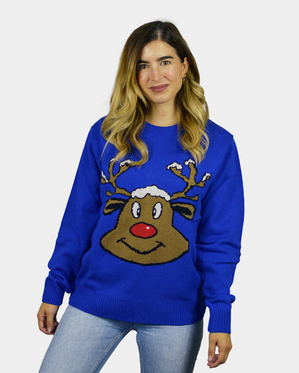 Blauer Weihnachtspullover mit lächelndem Rentier | Outlet-Verkauf