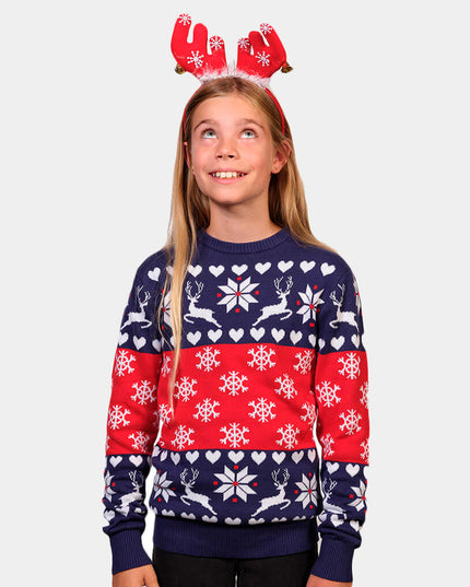 Weihnachtspullover für Paare in Blau und Rot mit Rentieren und Herzen