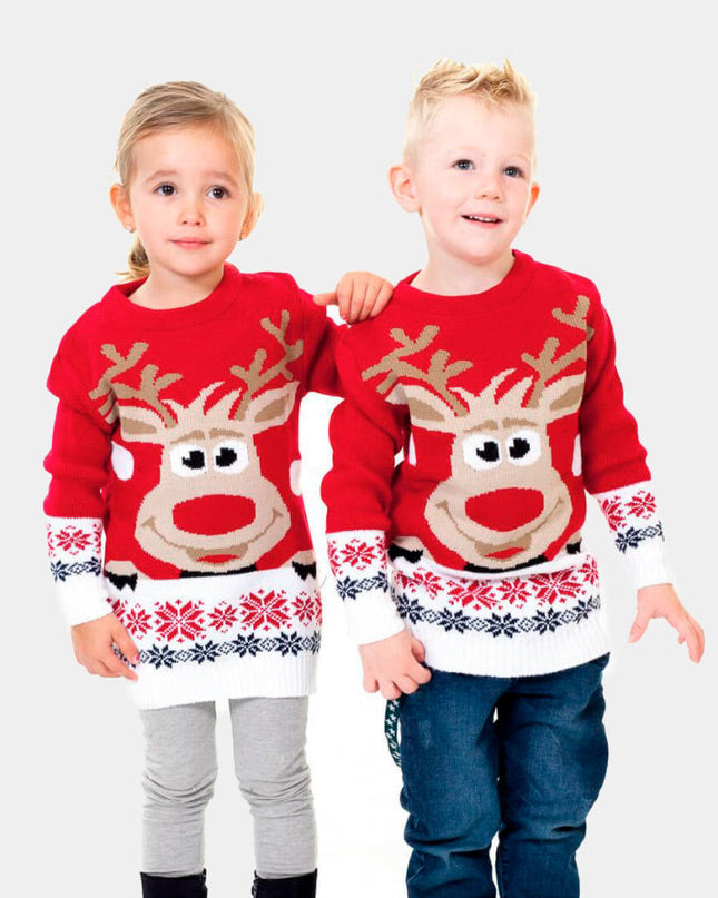 Red Christmas Sweater for Family with Reindeer and Snow Theme