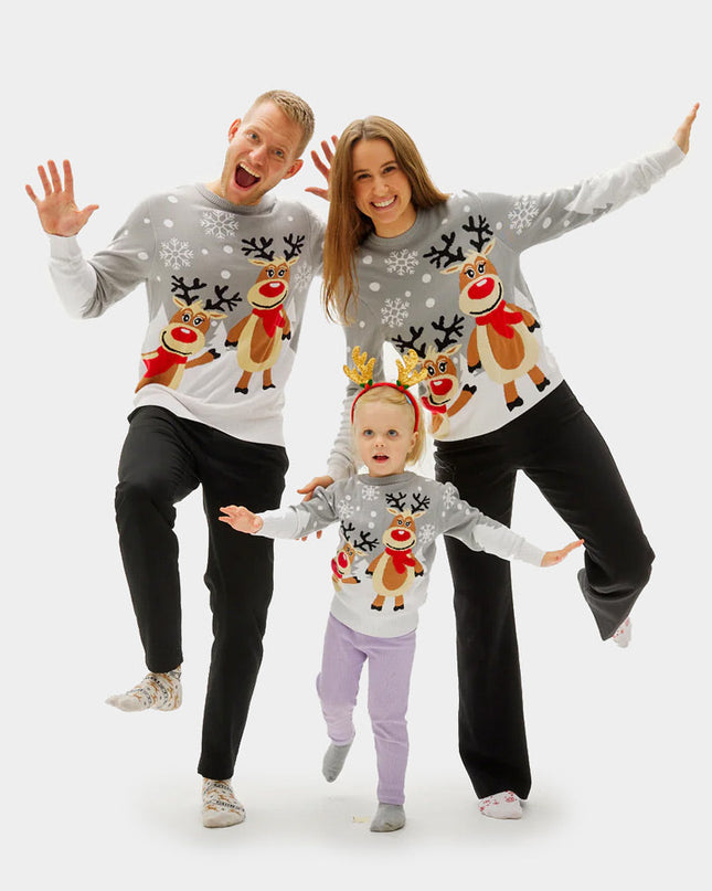 Gray Family Christmas Sweater with Cute Reindeer