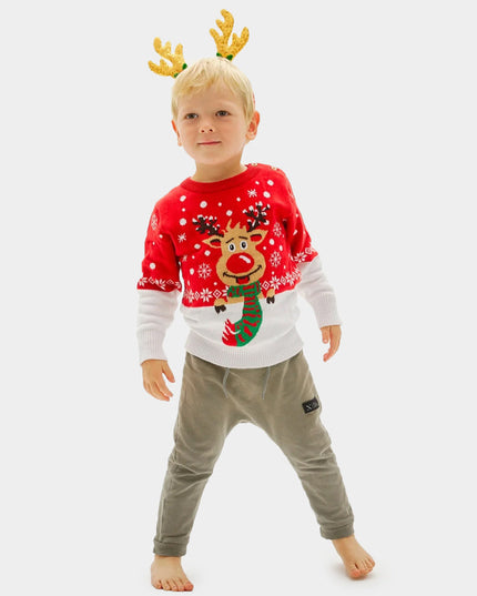 Family Christmas Sweater with Reindeer and Scarf in Organic Cotton