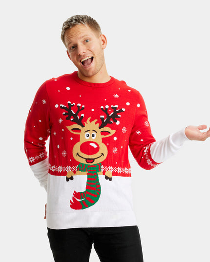 Family Christmas Sweater with Reindeer and Scarf in Organic Cotton